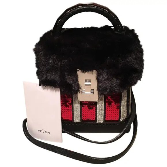 NWT The Volon Red Sequin & Black Fur Great Box Bag - Picture 1 of 10